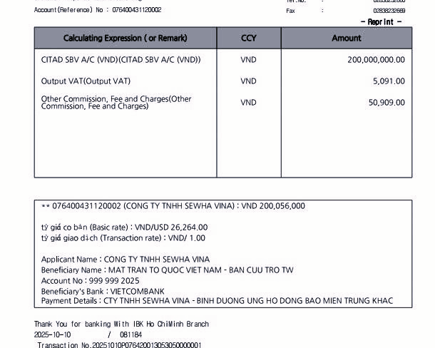 Sewha Vina donated VND 200 million to support Flood Victims 2025